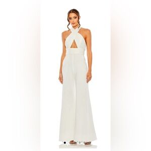 Mac Duggal 11666 Size 6 White Sequined Cross Neck Halter Jumpsuit NWT MSRP $398